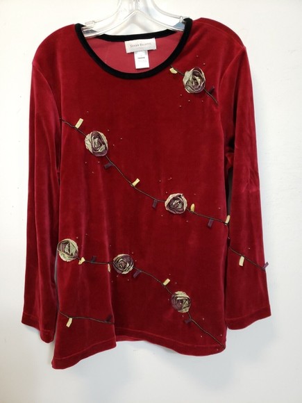 Susan Bristol Vintage Velour Rose Applique Red sz Lg Long Sleeve beads - Picture 1 of 7